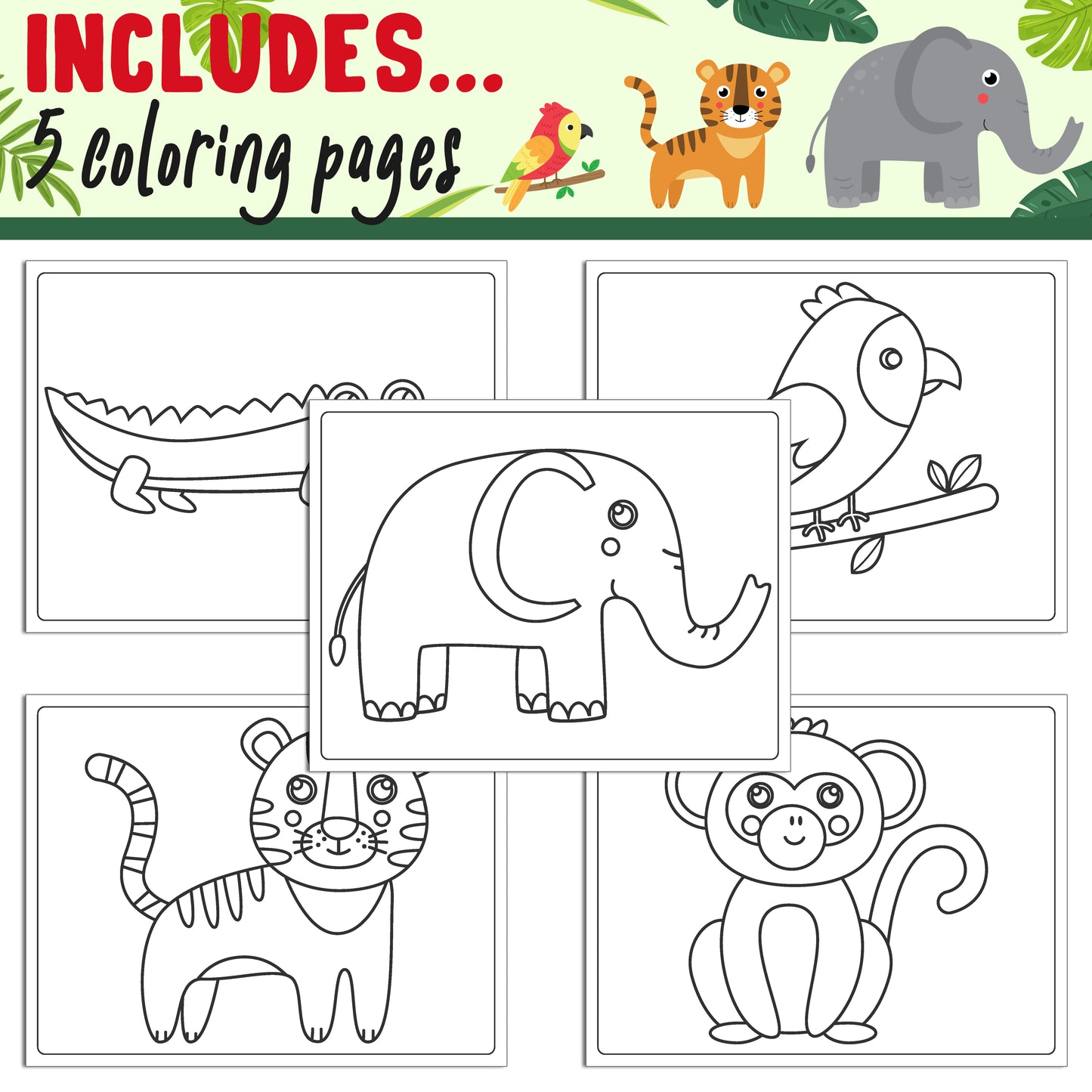 Learn How to Draw a Jungle Animal: Directed Drawing Step by Step Tutorial, Includes 5 Coloring Pages, PDF File, Instant Download.