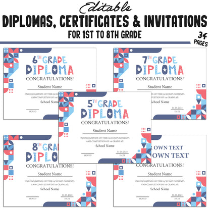 Editable Diplomas for 4th Grade, Certificates for 1st-8th Grade, and Invitation Templates in a Mosaic Theme - 34 Pages, PDF Instant Download