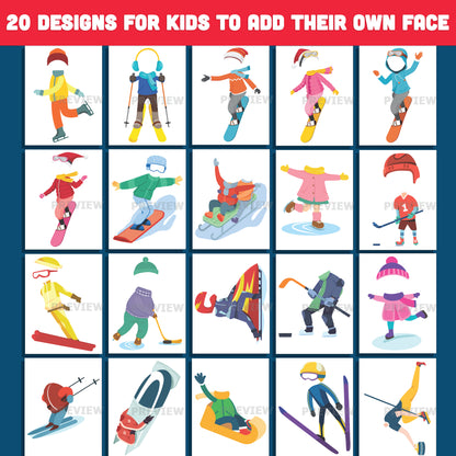 Winter Sports Body Clipart – Add Your Face, Add-Your-Face Winter Sports Templates, 20 Designs, High-Resolution PDF + PNG Files for Classroom Crafts, Home Activities, and Seasonal Projects
