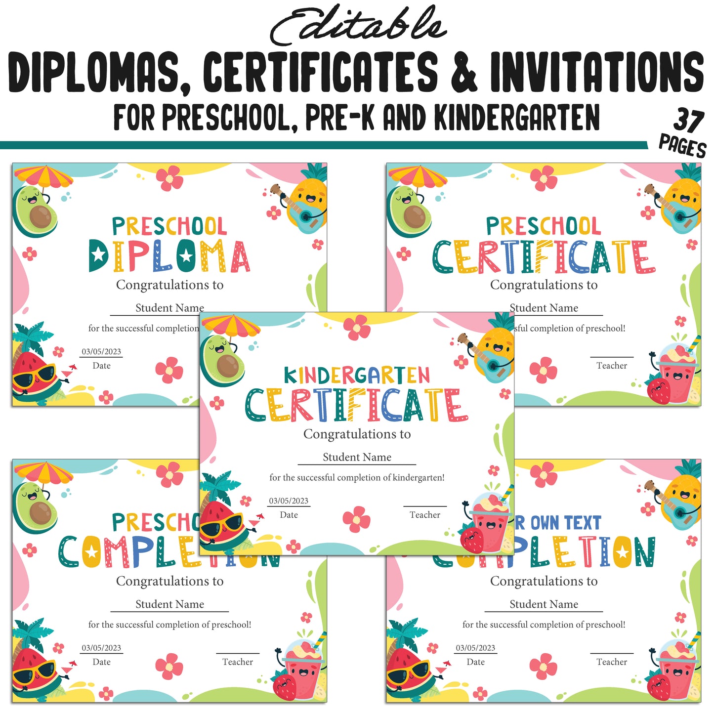 37 Summer-Themed Pre-K, Kindergarten, and Preschool Diplomas, Certificates, and Invitation Templates (PDF) - Instant Download