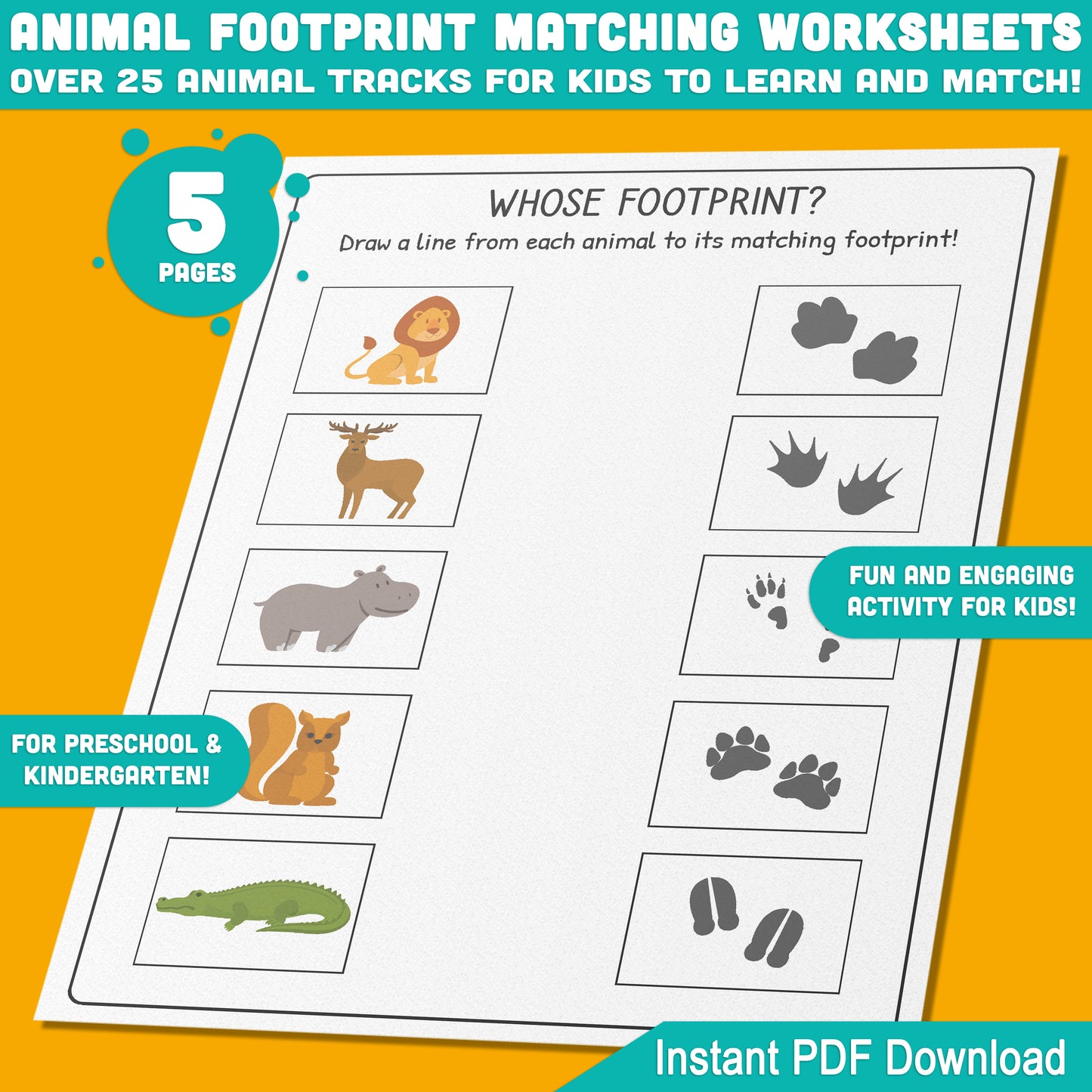 Animal Footprint Matching Fun: 5 Worksheets with 25+ Tracks for Kids to Learn and Match, Instant PDF File Download