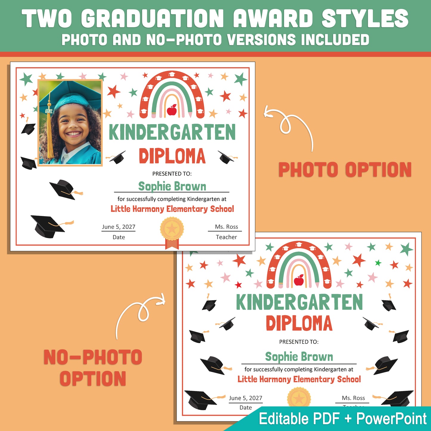 Editable Kindergarten Graduation Diploma & Certificate Set, Retro Rainbow Stars Theme, 8.5x11 Awards, Photo and No-Photo Options, PDF, PowerPoint