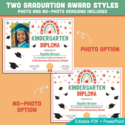 Editable Kindergarten Graduation Diploma & Certificate Set, Retro Rainbow Stars Theme, 8.5x11 Awards, Photo and No-Photo Options, PDF, PowerPoint