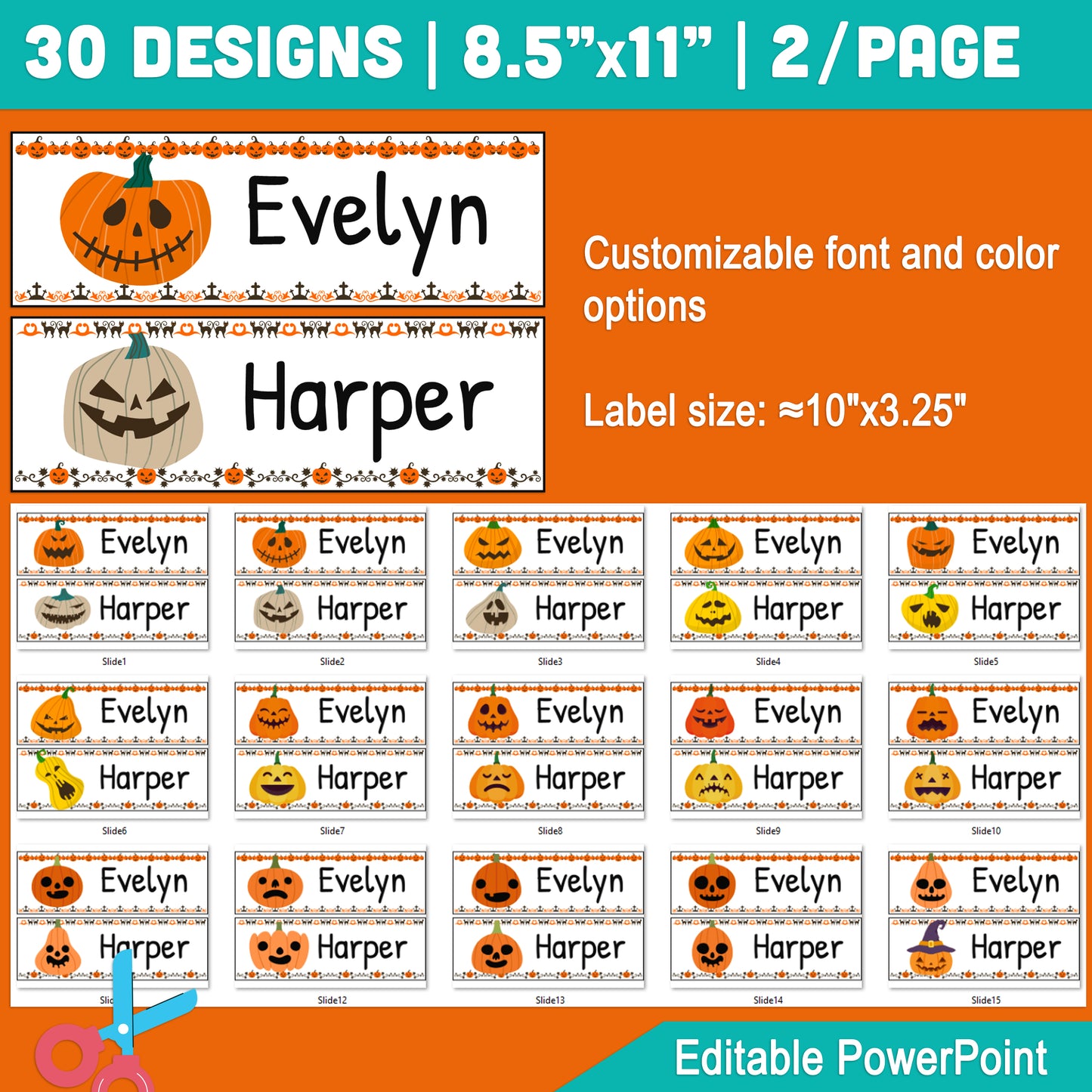 Halloween Pumpkin Name Tags: Editable Classroom Labels, Desk Tags & Bulletin Board, 30 Designs, 8.5"x11", 2/Page