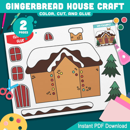 Fun Gingerbread House Craft: Christmas-Themed Color, Cut, and Glue Activity for Kids – Ideal for Holiday Art Projects, PDF Instant Download