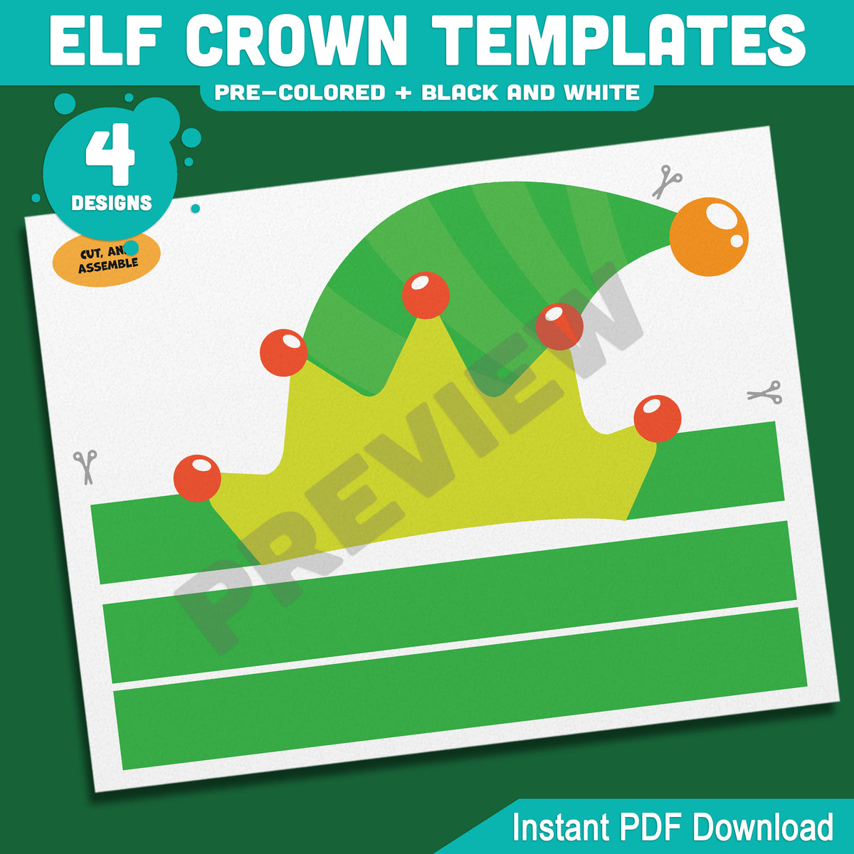 Elf Crown Templates, Christmas Coloring and Cutting Activity