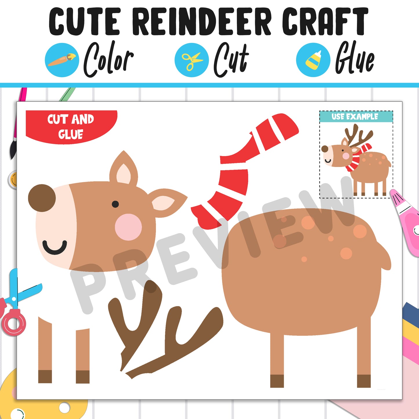 Easy Reindeer Craft: Fun Christmas Activity for Kids, Color, Cut, and Glue, Pre K to 2nd Grade, PDF Instant Download