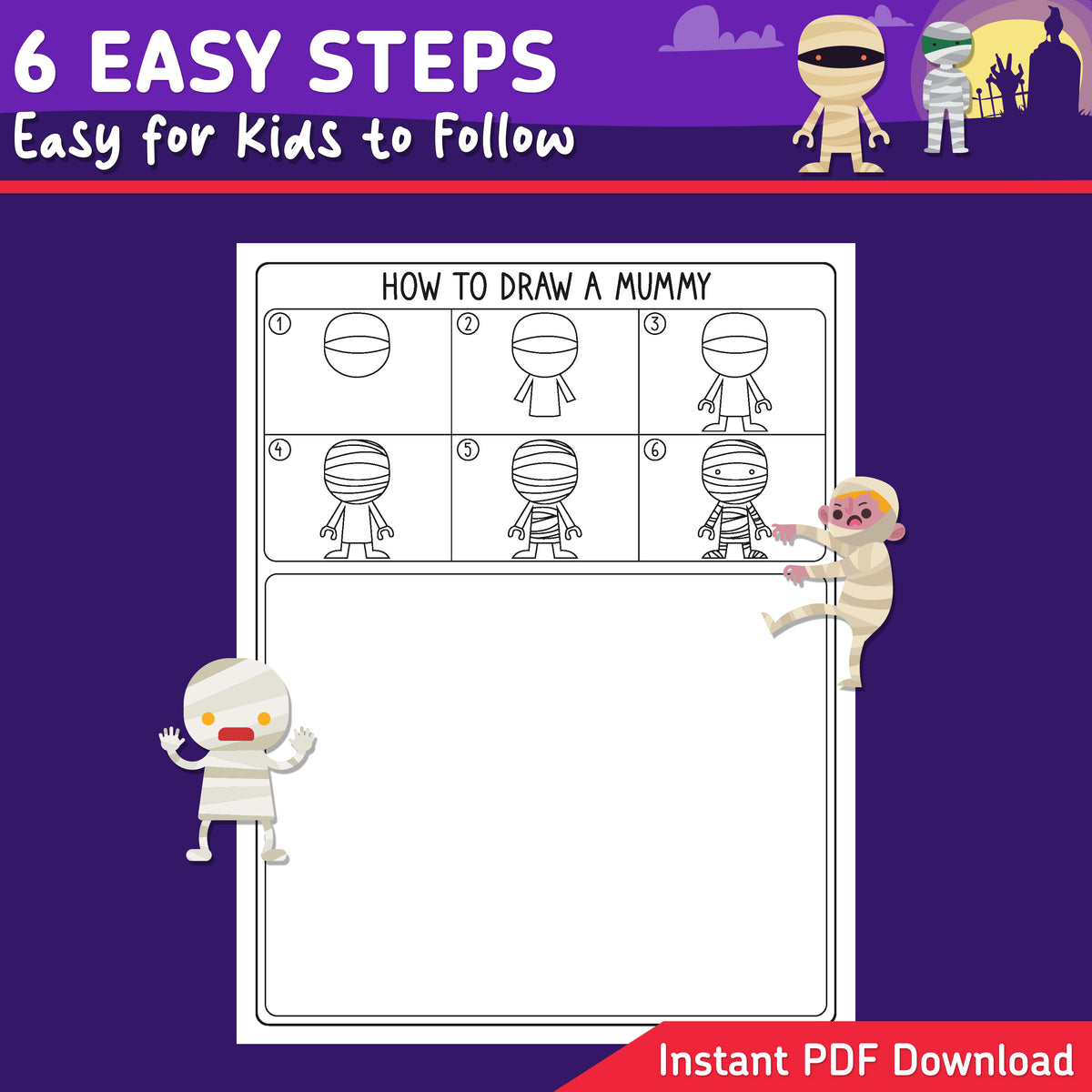 How to Draw a Mummy in a Muddle, Halloween Directed Drawing for Kids, 6 Easy Steps, Mummy Art Activity, 5 Drawing Pages, 5 Coloring Pages, PDF