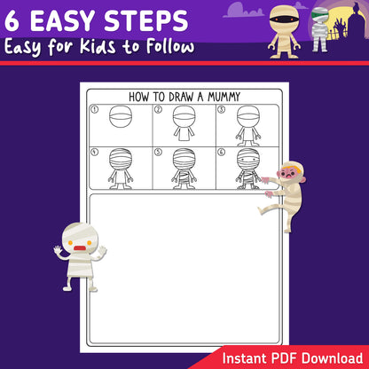 How to Draw a Mummy in a Muddle, Halloween Directed Drawing for Kids, 6 Easy Steps, Mummy Art Activity, 5 Drawing Pages, 5 Coloring Pages, PDF