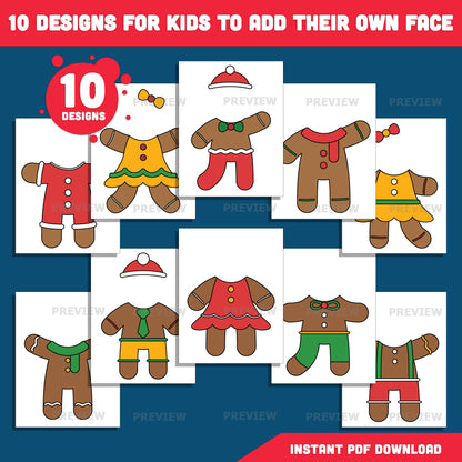 Add Your Face Gingerbread Man Craft, Christmas Add-Your-Face Templates, Winter Body Designs with Coloring Version Included, 10 High-Res PDF + PNG Files