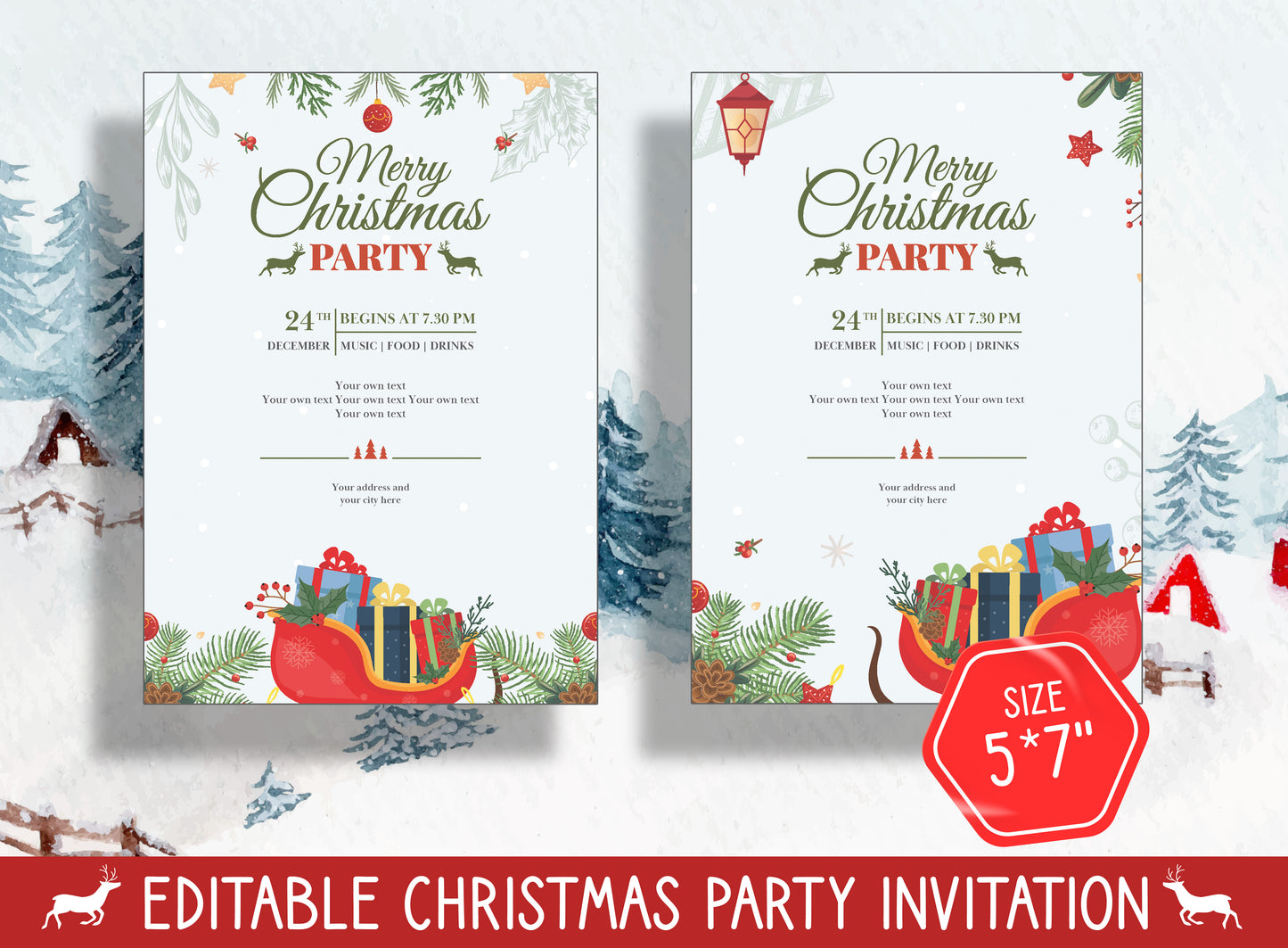 Create Magical Moments: Editable Christmas Invitation Templates, Choose from 2 Designs & 2 Sizes (8.5"x11" and 5"x7"), PDF, Instant Download