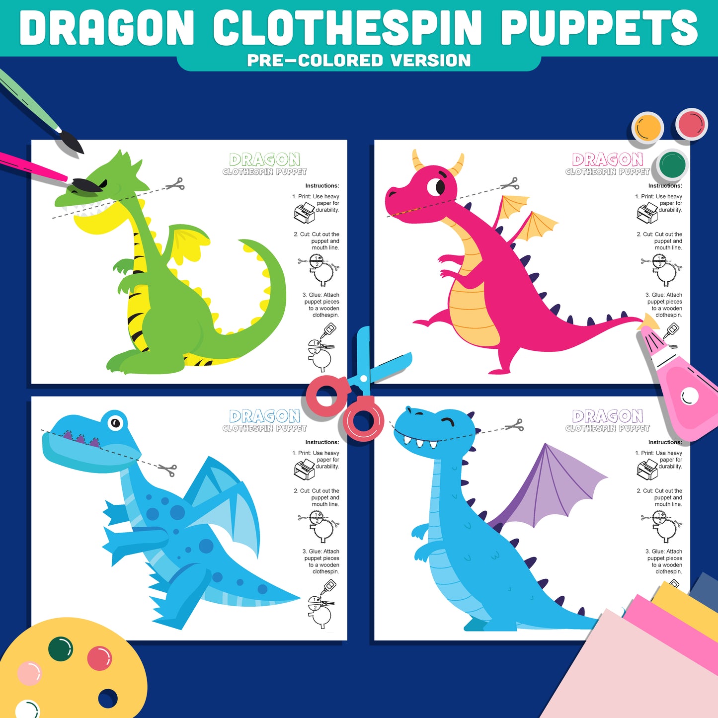 Dragon Clothespin Puppets, Color Cut and Create Fantasy Dragon Activity, Printable Puppet Craft PDF