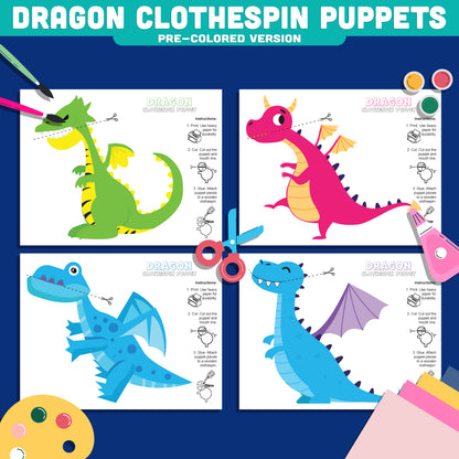 Dragon Clothespin Puppets, Color Cut and Create Fantasy Dragon Activity, Printable Puppet Craft PDF