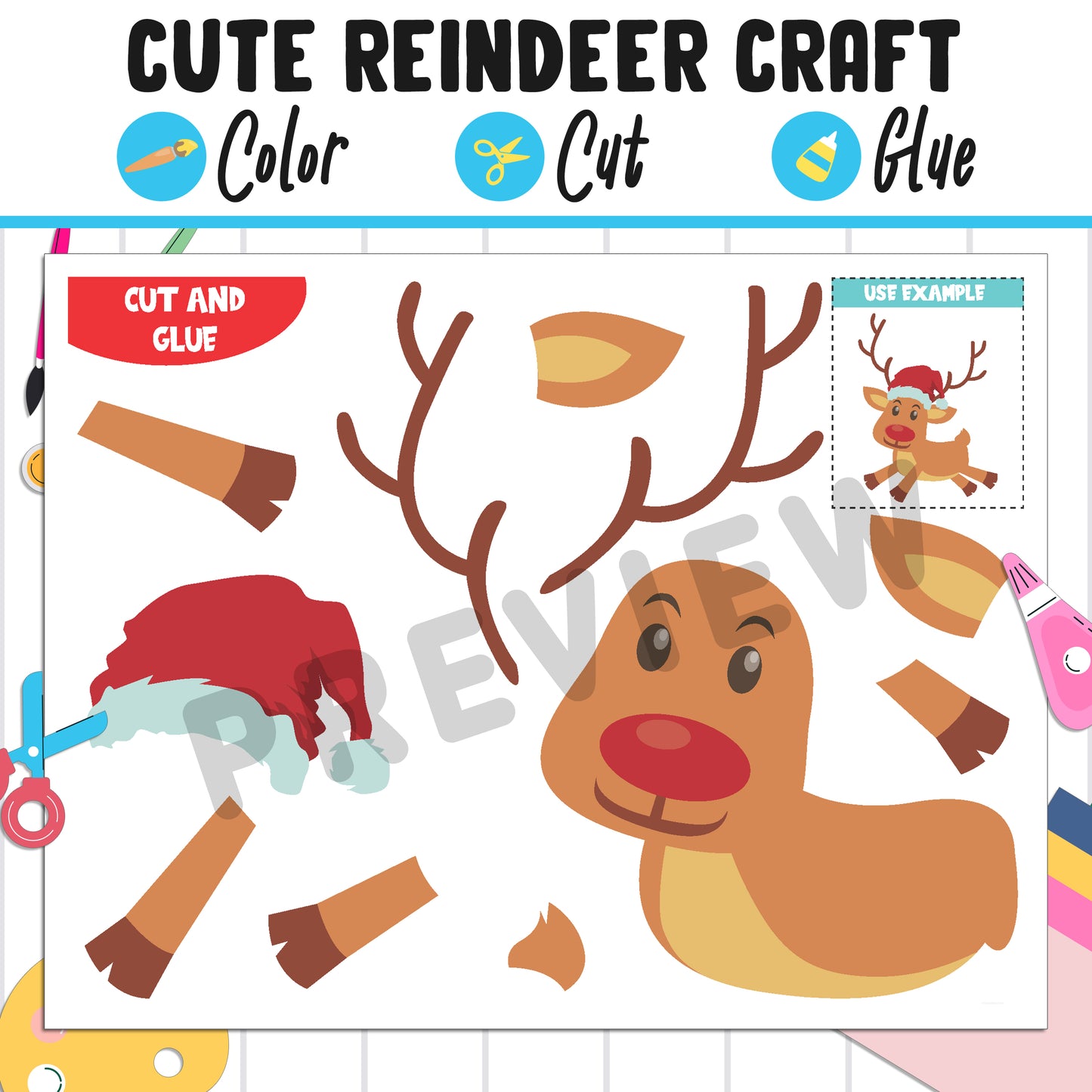 Reindeer Paper Craft: Color, Cut, and Glue, a Fun Activity for Pre K to 2nd Grade, PDF Instant Download
