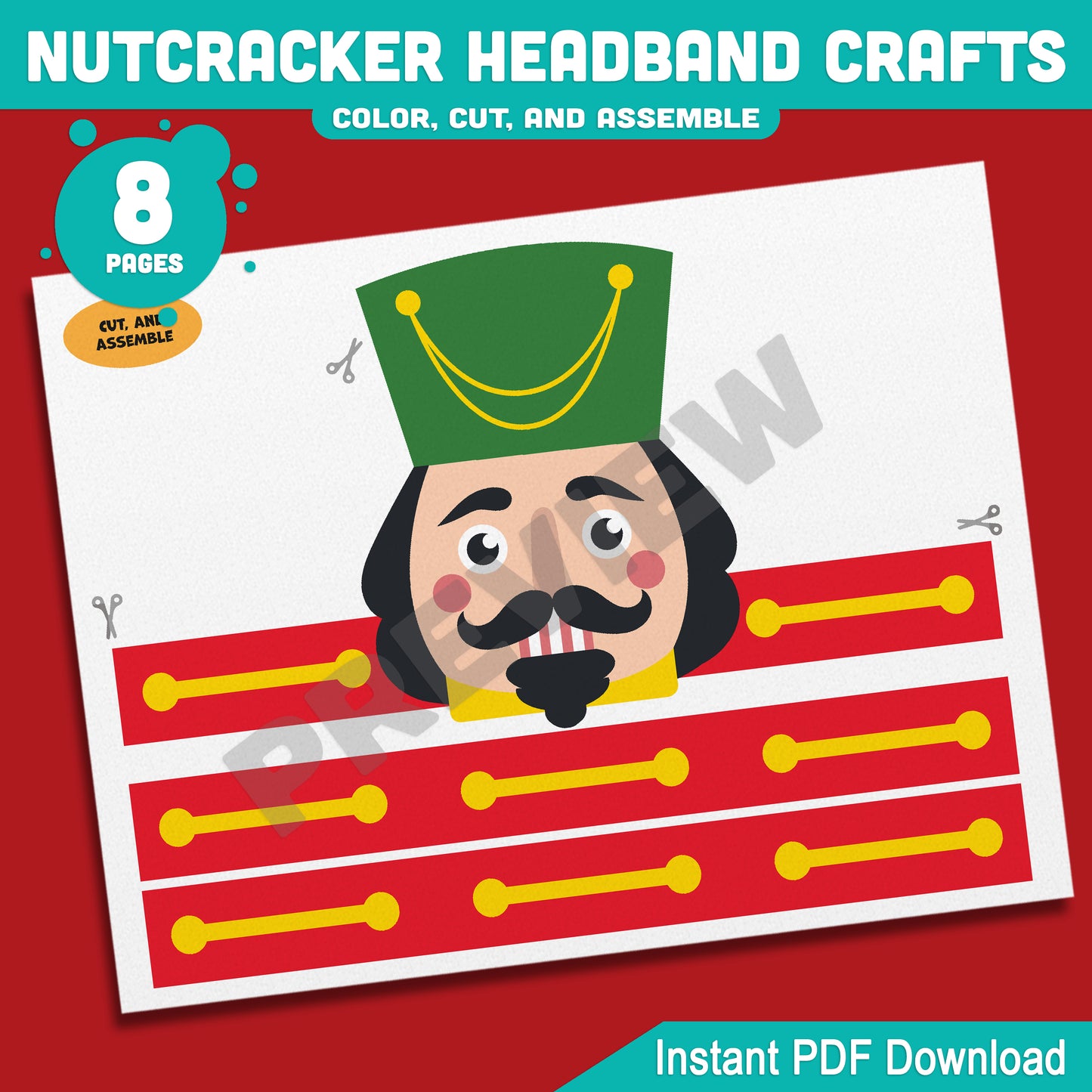 Printable Nutcracker Headband Crafts, Christmas Hat and Paper Crown Activity, Cut, Color & Assemble, Holiday Craft for Kids, 4 Fun Designs, Pre-color + Black & White PDF