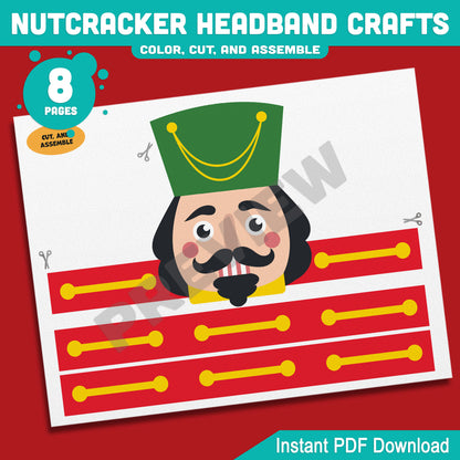 Printable Nutcracker Headband Crafts, Christmas Hat and Paper Crown Activity, Cut, Color & Assemble, Holiday Craft for Kids, 4 Fun Designs, Pre-color + Black & White PDF