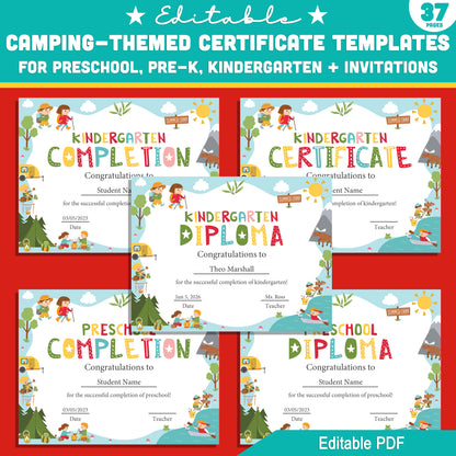 Preschool to Kindergarten Camping Certificate Pack – 37 Editable Templates with Diplomas & Invitations, Fun Outdoor Theme PDF Download