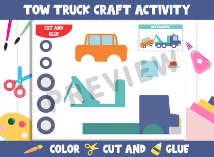 Tow Truck Craft Activity - Color, Cut, and Glue for PreK to 2nd Grade, PDF File, Instant Download