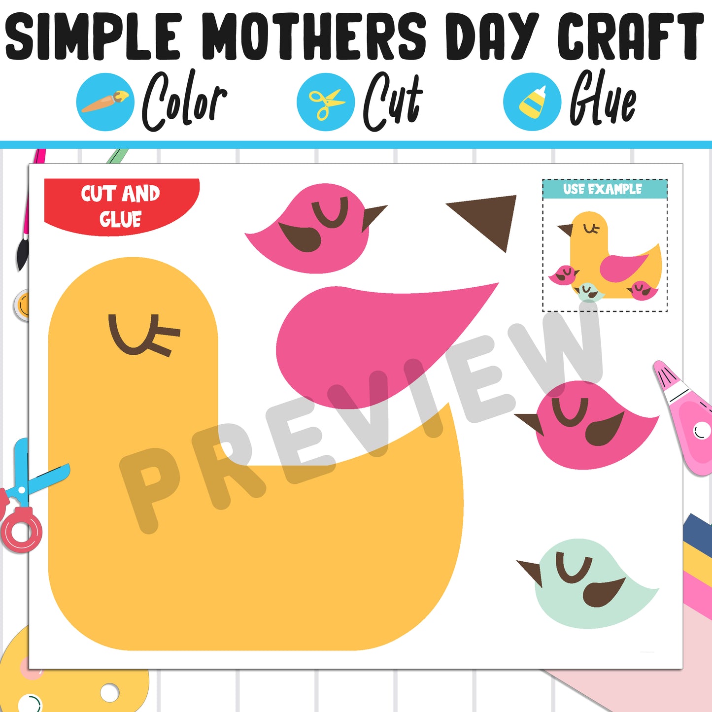 Simple Mothers Day Craft for Kids : Color, Cut, and Glue, a Fun Activity for Pre K to 2nd Grade, PDF Instant Download