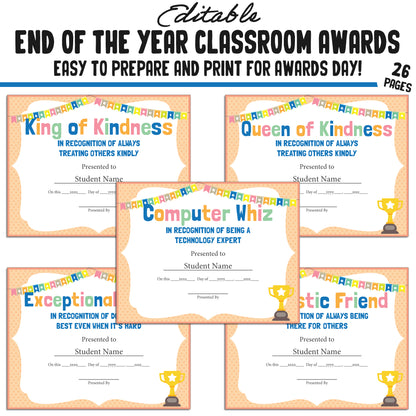 Printable & Editable End of Year Awards Certificates, 26 Pages, PDF, Instant Download – Perfect for Classroom and Student Achievements