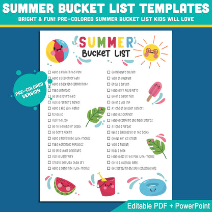 Printable Editable Summer Bucket List for Classroom: Kids' Activity Sheet in PDF & PowerPoint, Black & White and Color, Instant Download
