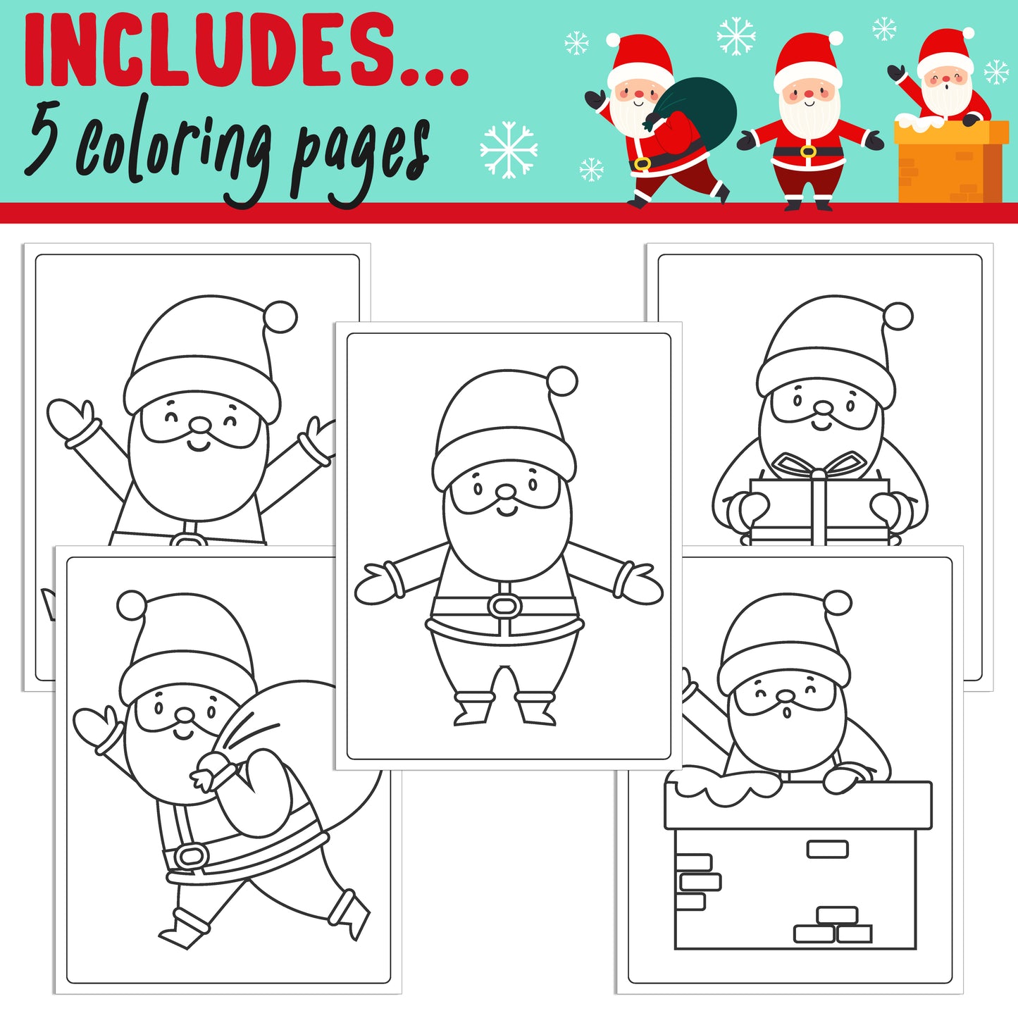 Learn How To Draw a Santa Claus: Directed Drawing Step by Step Tutorial, Includes 5 Coloring Pages, PDF File, Instant Download.