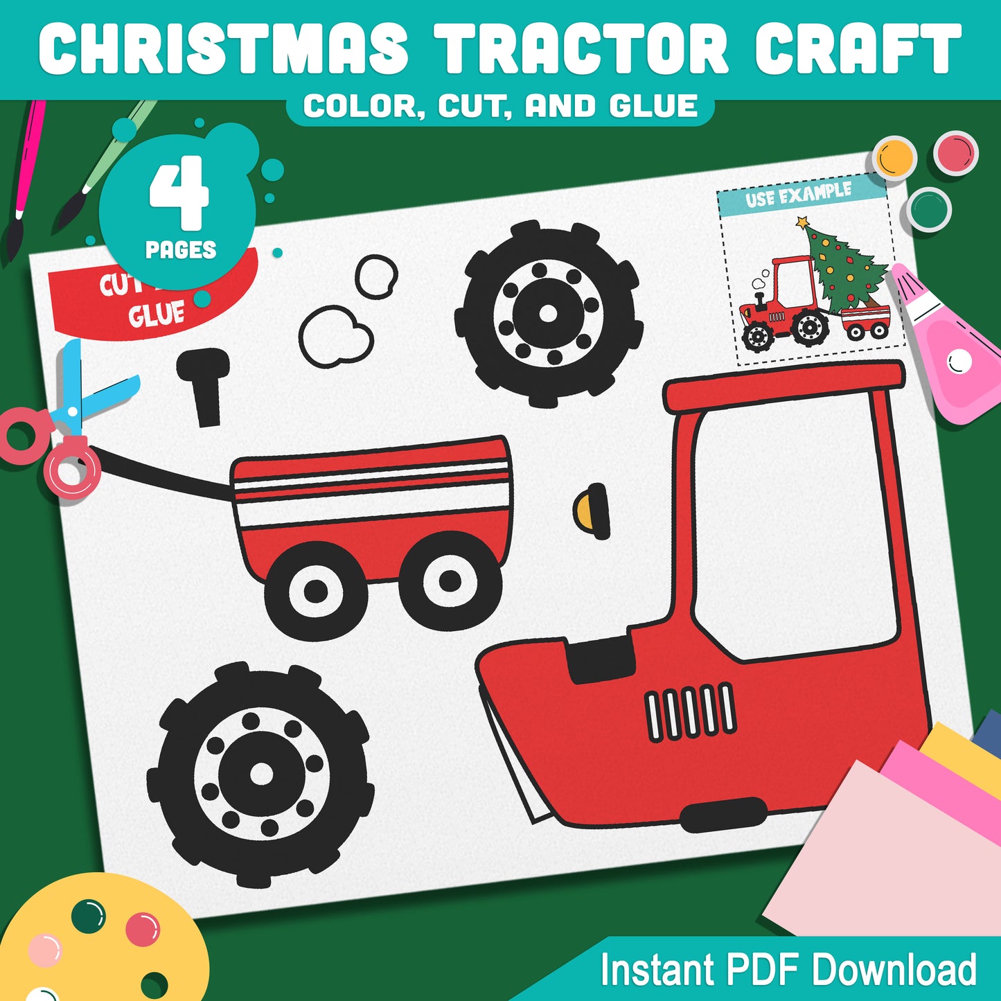 Creative Christmas Tractor with Tree Template: Kids' Holiday Craft Activity for Winter Bulletin Boards & Gifts, 4 Pages, Instant PDF Download.