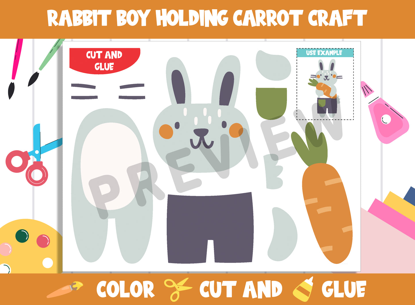 Rabbit Boy Holding Carrot Craft Activity : Color, Cut, and Glue for PreK to 2nd Grade, PDF File, Instant Download