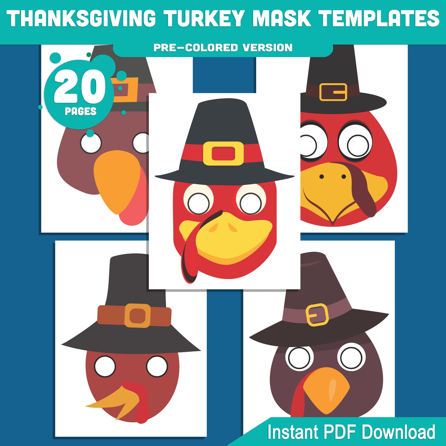 Printable Thanksgiving Turkey Mask Templates: Fun Fall Paper Craft for Kids, 10 Designs, Pre-Colored + Black and White, Perfect for Classroom Party or Family Craft