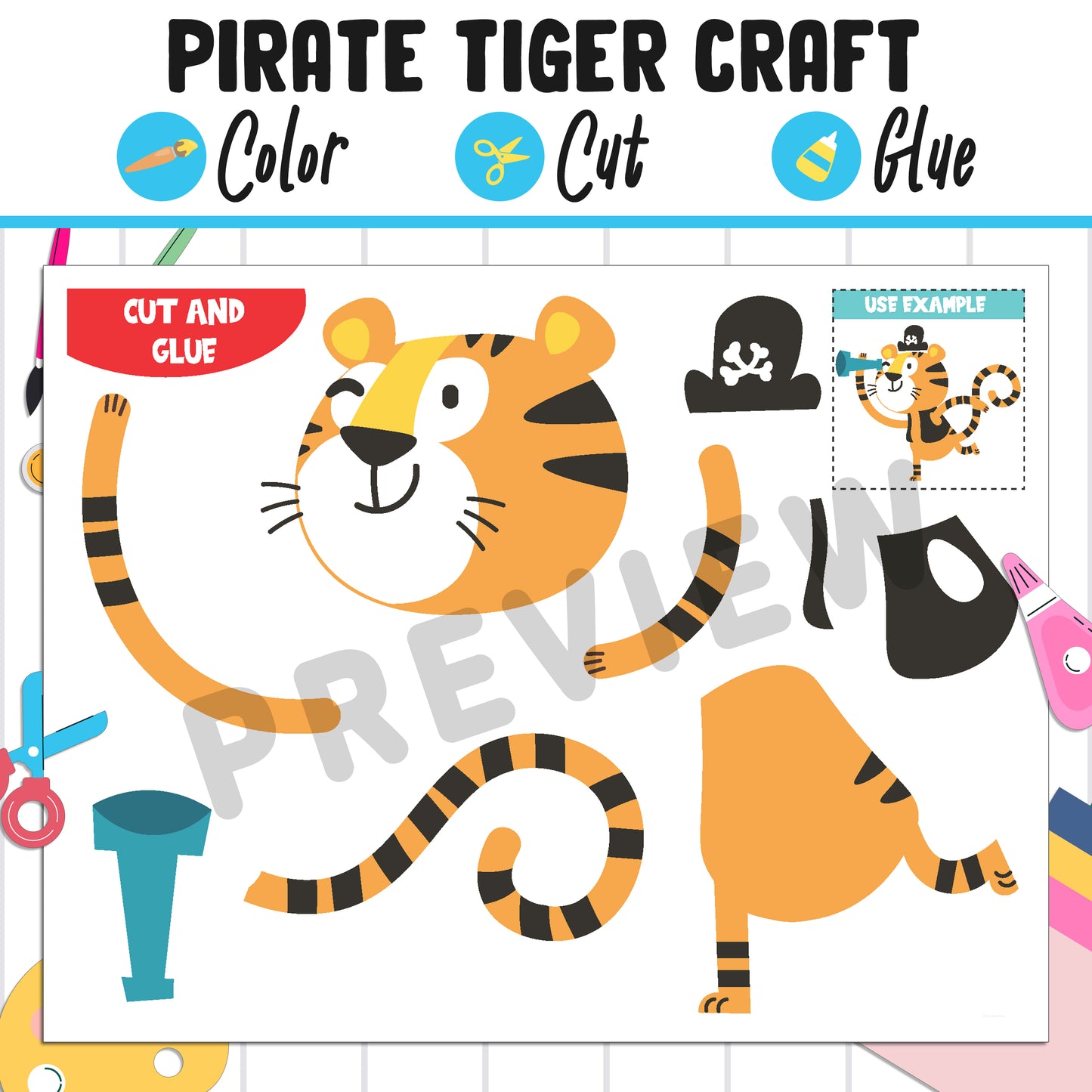 Pirate Tiger Craft for Kids: Color, Cut, and Glue, a Fun Activity for Pre K to 2nd Grade, PDF Instant Download