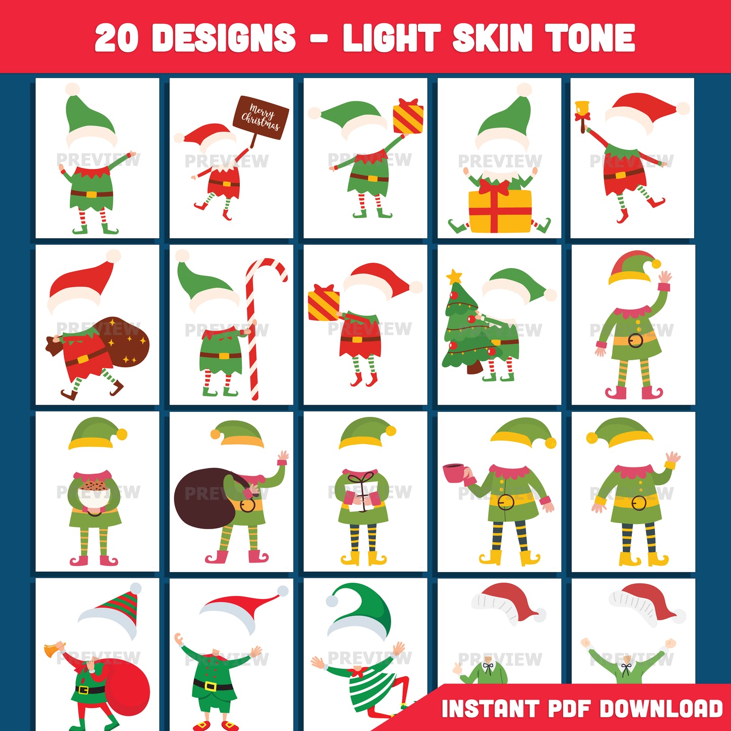 Printable Add Your Face Christmas Elf Crafts, 20 Designs – Light Skin Tone + Dark Skin Tone, PDF + PNG, Fun Holiday Activity for Home, School, Class, 8.5x11"