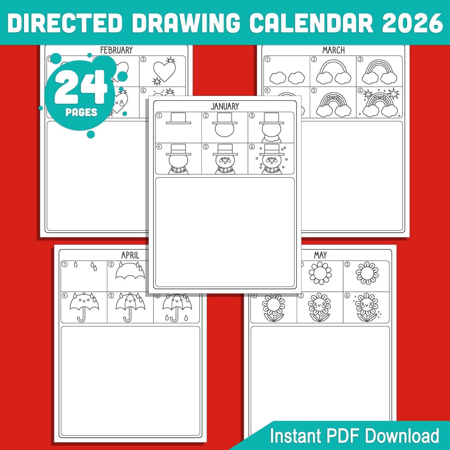 How to Draw Calendar 2026: 12 Months of Directed Drawing Fun, Perfect Christmas Gift for Parents & Kids, Printable PDF Download