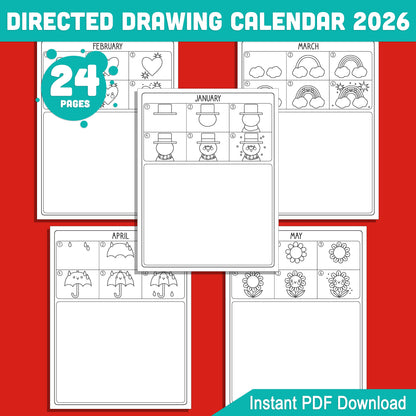 How to Draw Calendar 2026: 12 Months of Directed Drawing Fun, Perfect Christmas Gift for Parents & Kids, Printable PDF Download