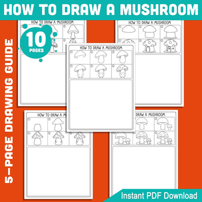 6-Step Mushroom Drawing Tutorial + 5 Fun Coloring Pages, Engaging Art Activity for Kids to Boost Creativity, Instant PDF Download