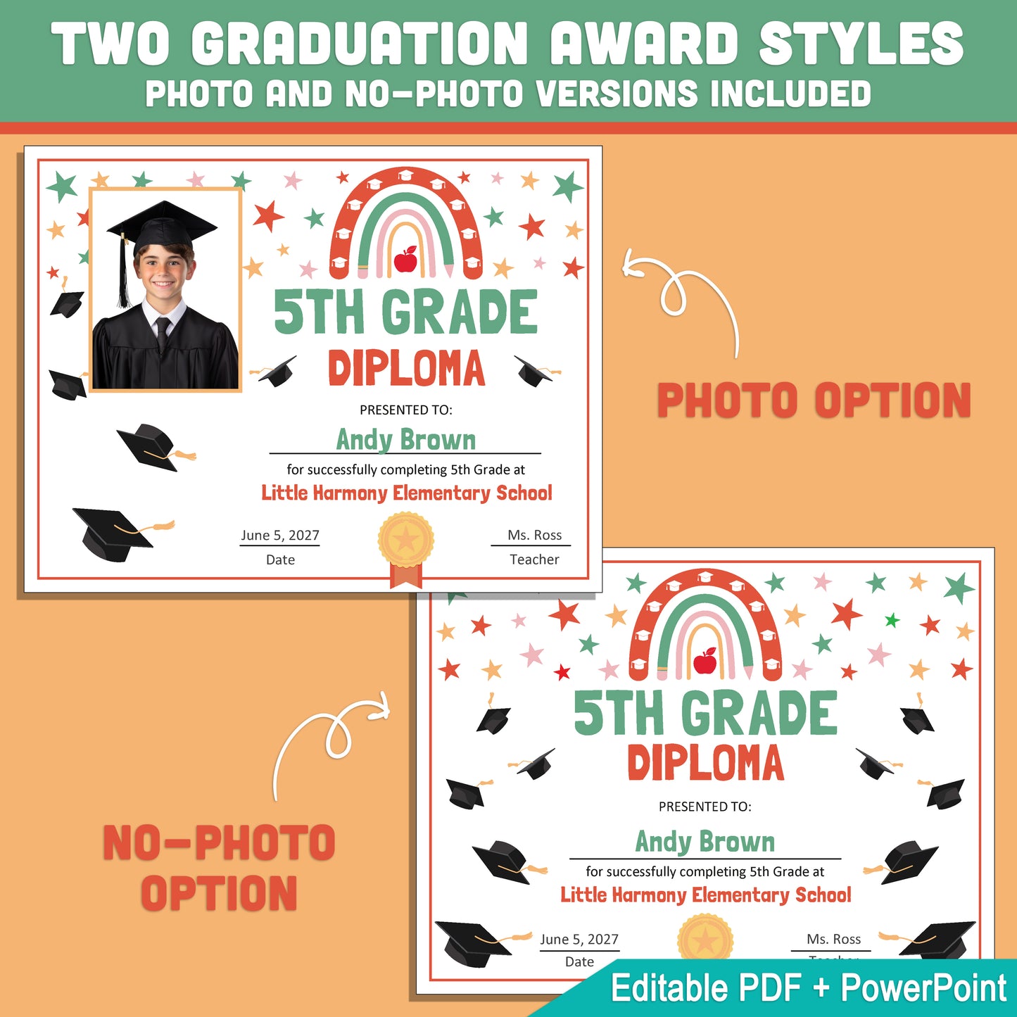 Editable 5th Grade Graduation Diploma & Certificate Set, Retro Rainbow Stars Theme, Printable Awards, Photo or No-Photo, PDF, PowerPoint