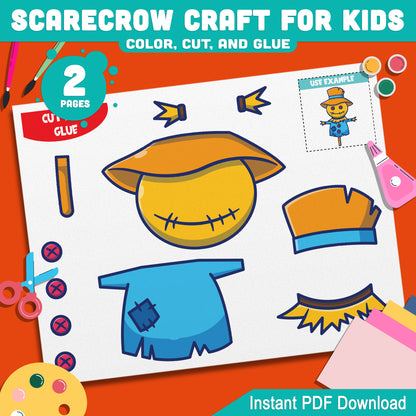 Fun Scarecrow Craft Activity Kit for Kids: Color, Cut, and Glue Project Perfect for Fall and Halloween Art, Homeschool, 2-Page PDF Instant Download