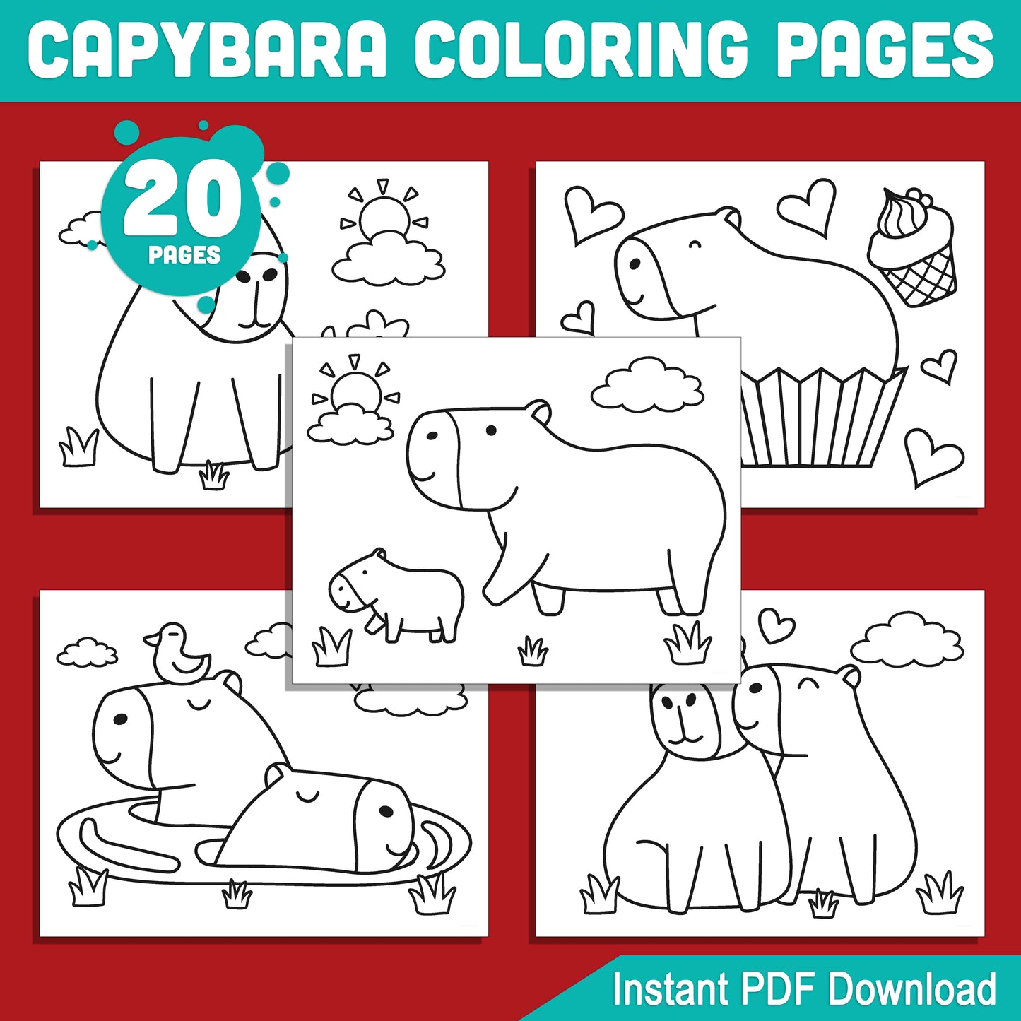 20 Fun Capybara Coloring Pages for Kids – Perfect for Preschool & Kindergarten, Easy-to-Print PDF, Instant Download