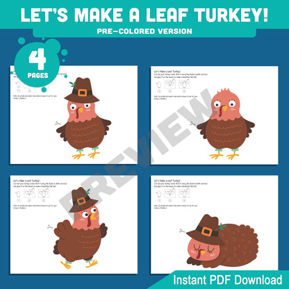 Let’s Make a Colorful Turkey with Real Fall Leaves! Thanksgiving Turkey Craft Kids, Printable Autumn Leaf Turkey Crafts, 4 Designs, 8 Pages, PDF