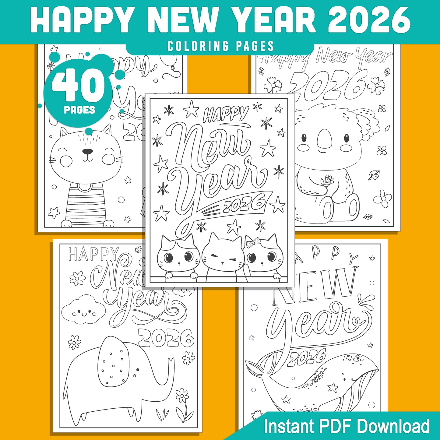 Kids' 2026 New Year Coloring Pages: 40 Funny Animal Prints for Holiday Fun, Creative Printable Activities, PDF Instant Download