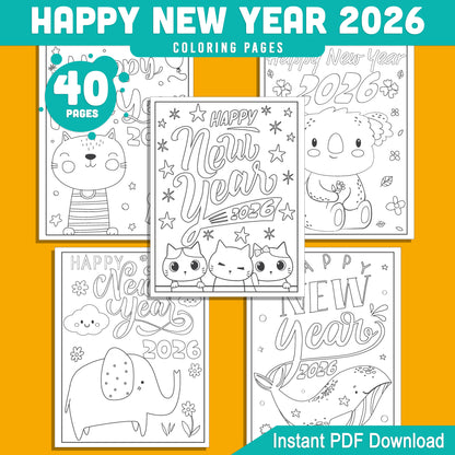 Kids' 2026 New Year Coloring Pages: 40 Funny Animal Prints for Holiday Fun, Creative Printable Activities, PDF Instant Download