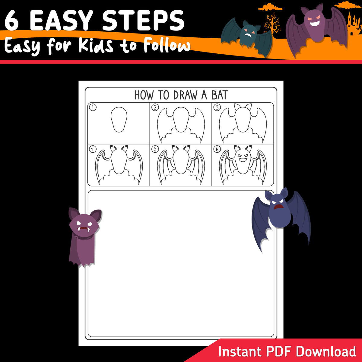 How to Draw a Bat, Halloween Directed Drawing, Simple Step-by-Step Art Activity, 6 Easy Steps, 5 Practice Pages, 5 Coloring Sheets, PDF Download