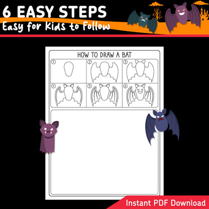 How to Draw a Bat, Halloween Directed Drawing, Simple Step-by-Step Art Activity, 6 Easy Steps, 5 Practice Pages, 5 Coloring Sheets, PDF Download