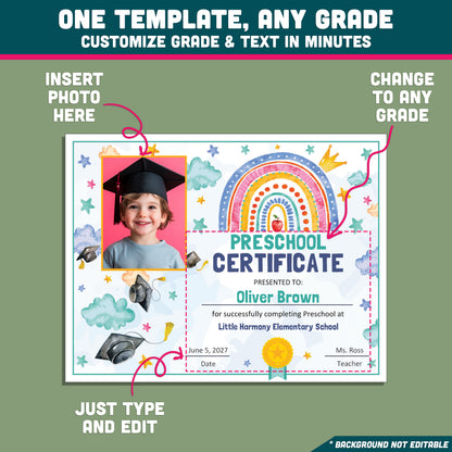 Unique Certificates and Diplomas, Watercolor Graduation Keepsakes for Preschool & Beyond, Editable Awards, With and Without Photo, PDF PowerPoint