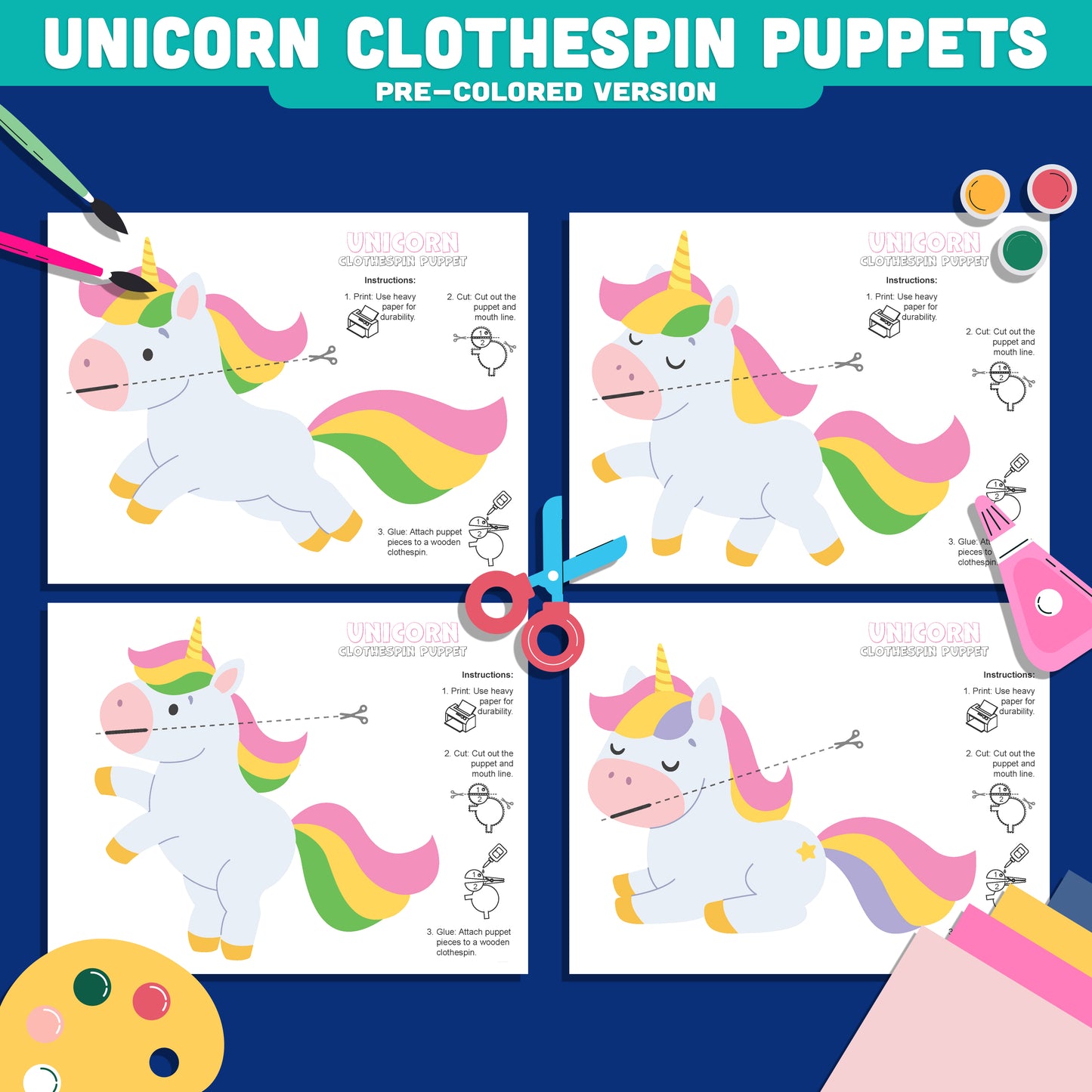 Unicorn Clothespin Puppets, Color Cut and Play Fantasy Activity, Interactive Printable Craft, Instant PDF Download