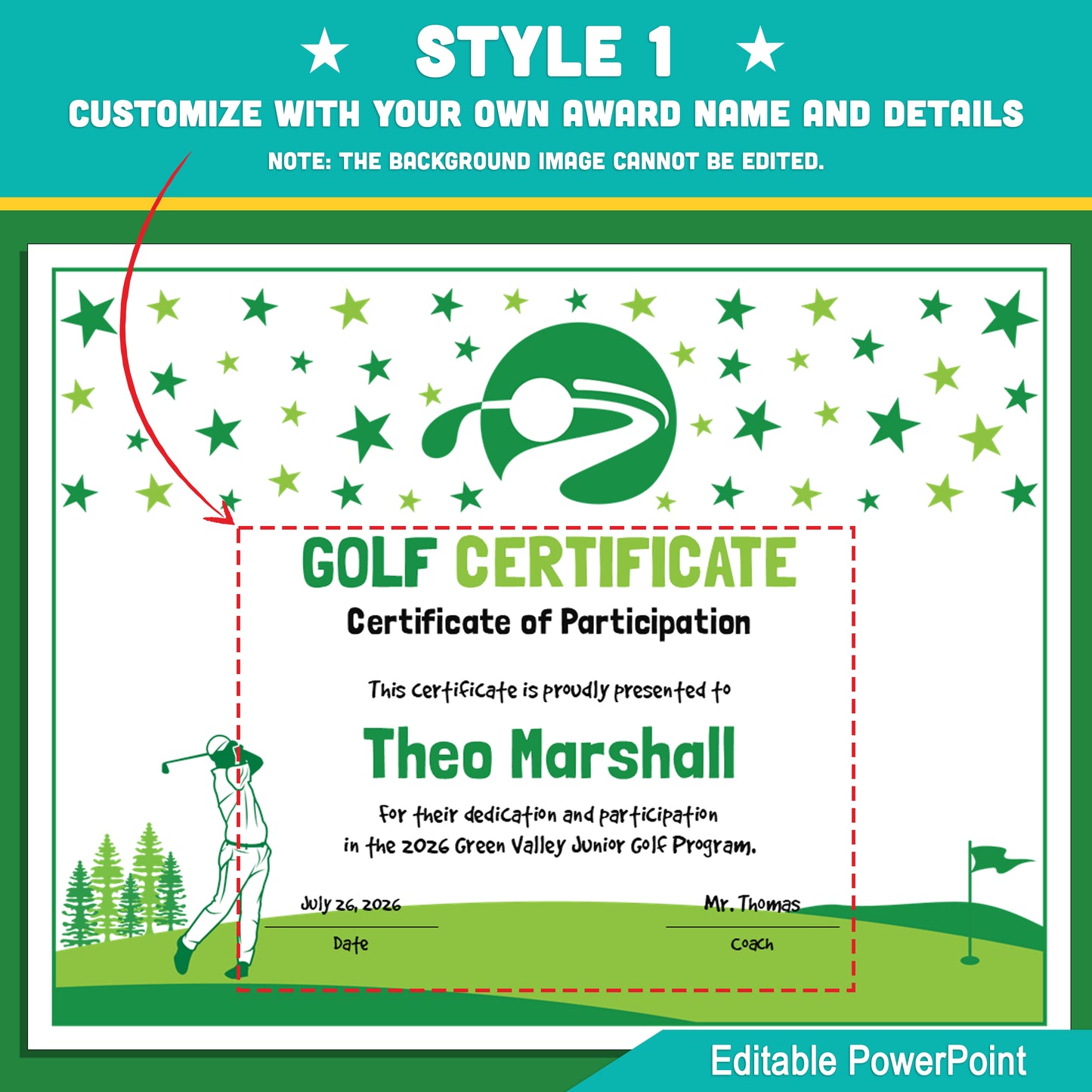 Editable Golf Certificates | 4 Styles with Photo Options | Youth Lesson Awards, Player Recognition - 8.5x11 PowerPoint Instant Download