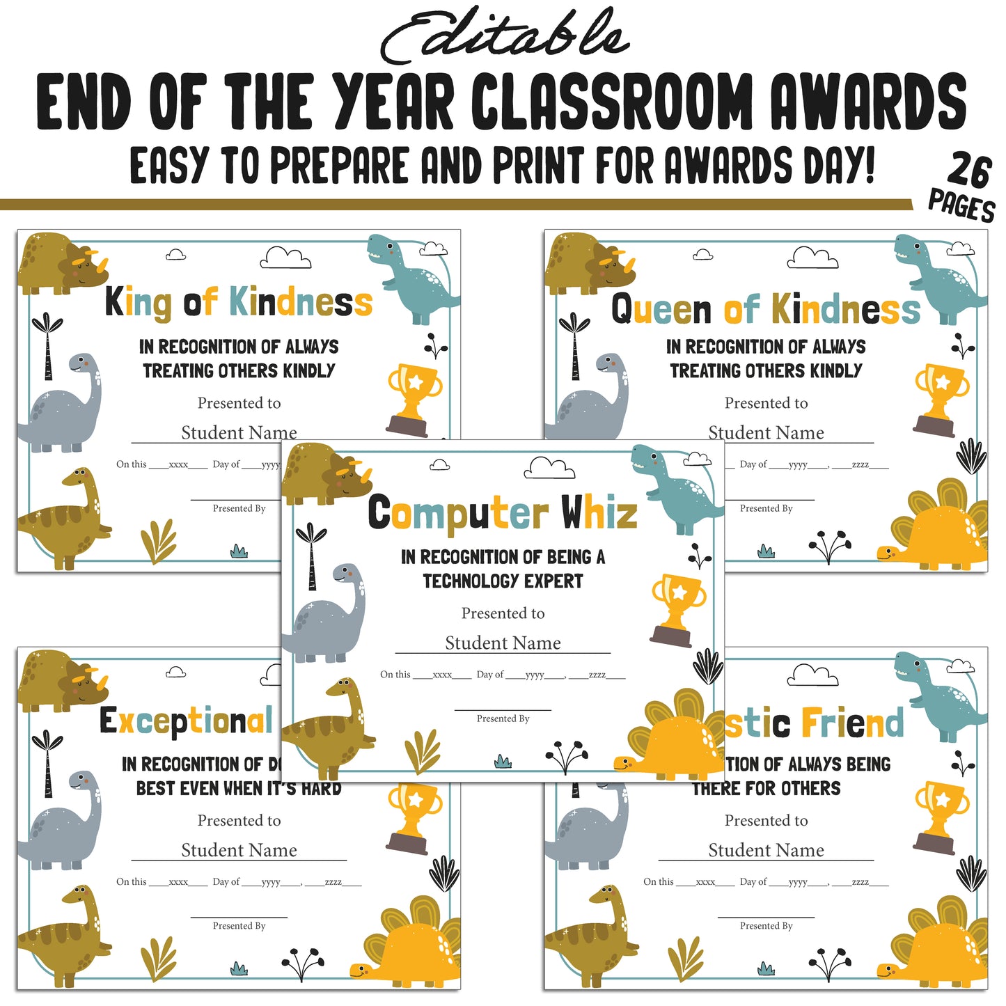 Customizable End-of-Year Awards for Preschool or Kindergarten – 26-Page PDF with Adorable Dinosaur Theme – Instant Download