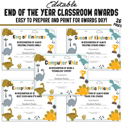 Customizable End-of-Year Awards for Preschool or Kindergarten – 26-Page PDF with Adorable Dinosaur Theme – Instant Download