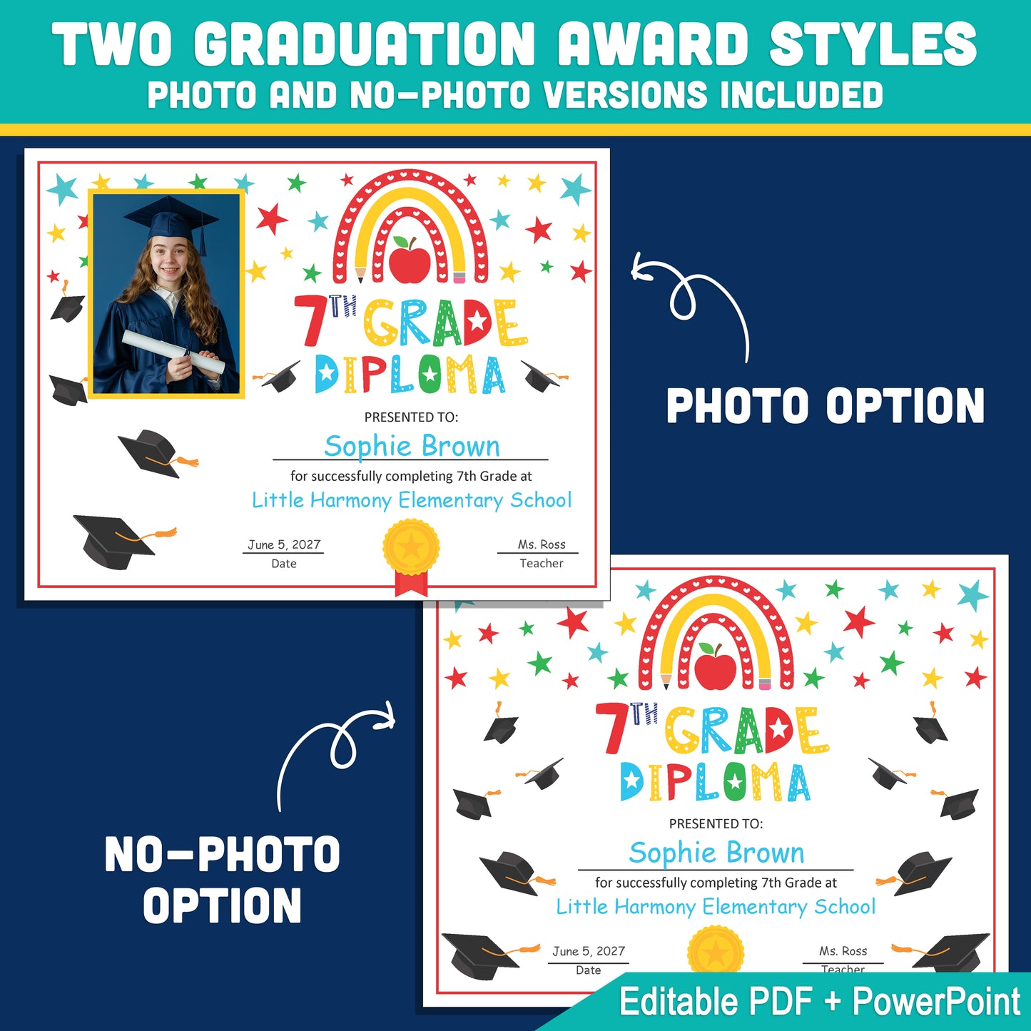 Editable 7th Graduation Diploma & Certificate Set, Rainbow Stars Graduation Awards, Photo or No-Photo Options, Edit in PDF, PowerPoint, Canva