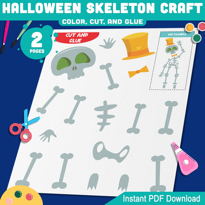 Halloween Skeleton Craft for Preschool, Pre-K, Kindergarten – Easy Cut and Glue Activity, Fun Fine Motor Skill Craft, 2 Pages, Instant PDF Download