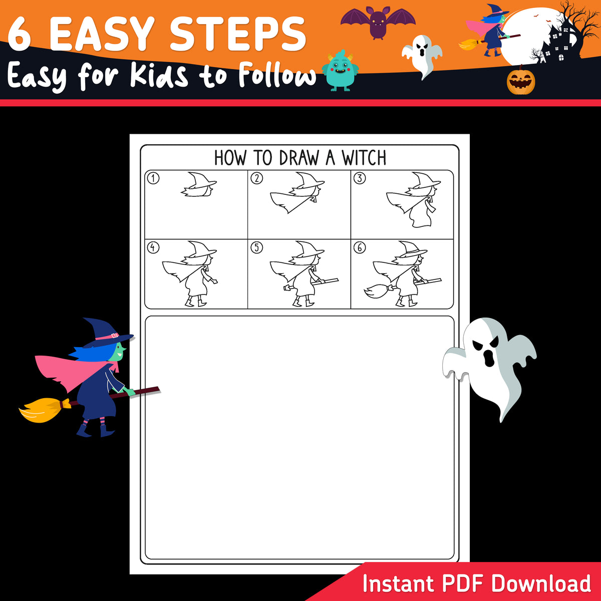 Halloween Directed Drawing, Learn to Draw a Ghost, Halloween Pumpkin, Witch, Bat & Monster, 6-Step Kids Art Activity, 5 Coloring Pages, A4, Letter